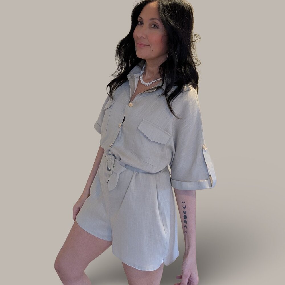 Mable Lt. Taupe Alice Linen Button Up Romper - Small - NWT